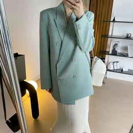 Women's Down Parkas 2022 Spring Green Women Blazers Notched Collar Double Breasted Loose Fake Two-piece Women Suit Coat Office Lady Blazer Tops T220902