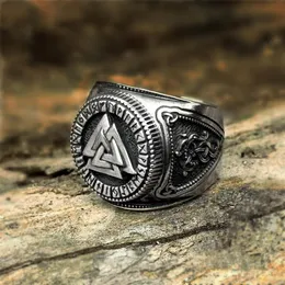 Męski srebrny kolor Valknut Viking Pierścień ze stali nierdzewnej Futhark Runs Compass Magic Stave Odin Regulowany rozmiar pierścionka Nordic Jewelry280f