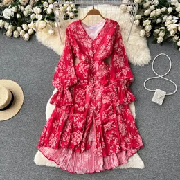 Nuove donne casuali vestiti Summer Floral Stampa Slip Full Lady Dress A Line V Neck Chiffon Pullover High Waist Mid-Calf 2024