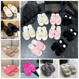 2022 Cross Furry Slippers Teddy Flat Fluffy Slipper Sandaler broderade bokst￤ver Paris Fransk sandal Flat Non-Slip Plush Women Shoe Black Red White Pink With Box