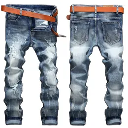 Jeans masculinos, jeans desgastado masculino masculino Broke Hole Straight Troushers Europeias e Americanas Alongadas Blue Macho Pants JB8903