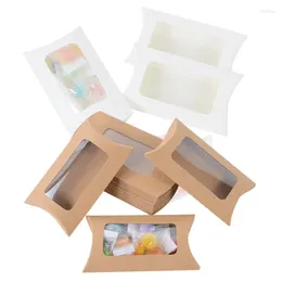 غلاف الهدية 10/20 PCS Kraft Paper Pillow Cookie Candy Box with Window for Wedding Birints Backaging Case Party Supplies Supplies