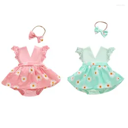 Mädchen Kleider Sommer Baby Strampler Kleid Schulterfrei Kleine Gänseblümchen Stirnband Outfit Für Süße Kleidung