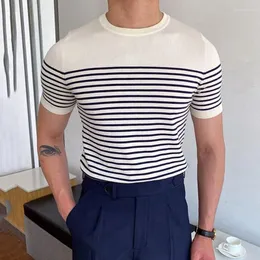 Мужские рубашки Camiseta A Rayas de Empalme para hombres camisa manga corta necocios oficina cuello redondo transprible verano