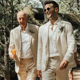 Men's Suits ANNIEBRITNEY Ivory 2 Piece Men Slim Fit Business Linen Summer Suit 2022 Groom Wedding Tuxedo Tailor Made Casual