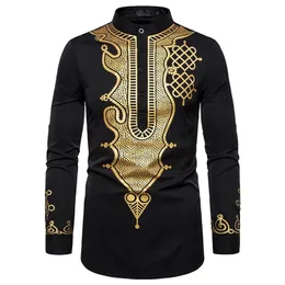 Men's Casual Shirts Long Sleeve Luxury Gold Floral Print Henley Ethnic Style Stand Collar African Dashiki 220902