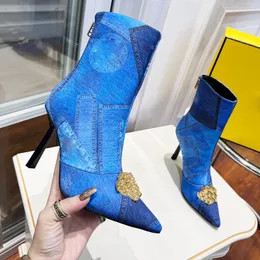 Cowgirl stiletto ayak bileği önyükleme tasarımcısı kadın 10.5cm yüksek topuklu moda baskı sivri ayak parmakları gerçek deri monogramlı tuval patikleri kadın patikleri için 35-42 kutu