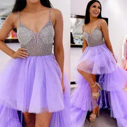 Leylak 2023 tasarımcı balo elbiseleri spagetti kayışları boncuklu özel yapılmış kristaller yüksek düşük etek pileler dantel artı beden akşam partisi önlükleri vestido