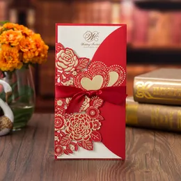 Hochzeitsfeier-Zubehör, goldfarben, rot, lasergeschnittene Hochzeitseinladungskarte, Rosen-Liebes-Herz-Grußkarten, individuell anpassbar mit Band 20220905 E3