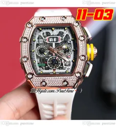 2022 11-03 A21J 자동 남성 시계 시계 로즈 골드 다이아몬드 베젤 스켈레톤 다이얼 큰 날짜 옐로우 크라운 흰색 고무 스트랩 8 스타일 시계 Puretime B2