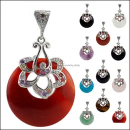 Pendant Necklaces Agate Donut Pendant Circle Stone Pendants Jasper Crystal With Diamond Zircon Flower Gemstones Beads Healing Crystal Dhnmi