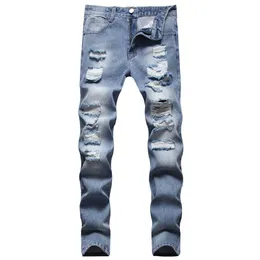 Rippade jeans m￤n rak smal fit ljus f￤rg bomull denim byxor mode casual mutil h￥l byxor pantaloner storlek 28-42