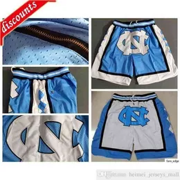 Pantaloncini da uomo Pantaloncini Just NCAA North Carolina Tar Heels Pantaloni della tuta traspiranti Squadre Abbigliamento sportivo classico Pantaloncini da basket universitari Tasche con cerniera