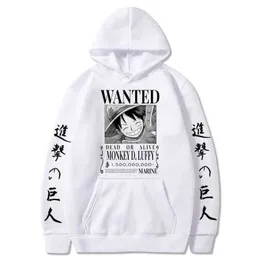 Hoodies Hoodie One Piece Luffy Anime Attack na Titan Fleece Pullover Blushirts Streetwear Owczesne ubrania H1227