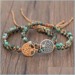 Beaded Strands Natural Stone Tree Of Life Charm Strand Bracelet For Women Handmade Double Layer African Turquoise Beads St Whole2019 Dhvyq