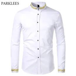 Men's Casual Shirts Gold Embroidery White Shirt Men Brand Stand Collar Mens Dress Slim Long Sleeve Chemise Homme Camisa Masculina 220905