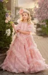 Boho Pink Ruffles Flower Girl Dreess for Wedding Lace Long Paty Birthday Pagownt For Photoshoot First Communion Dress