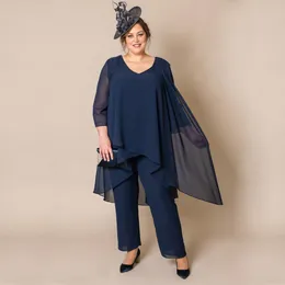 Dark Navy Plus Size Mothers Pant kostymer p￤rlor V Neck Pantsuits Chiffon Long Sleeves Groom Mother Dresses for Wedding Guest