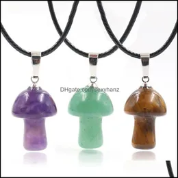 Pendant Necklaces 20Mm Mushroom Natural Stone Carving Pendant Reiki Healing Crystals Rose Quartz Rope Chain Necklace For Women Jewelr Dhmgr