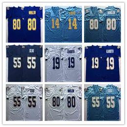 American College Football Wear Mens 24s Tage MN Jersey Futebol Junior Seau Dan Fouts Lance Alworth Kellen Winslow Camisa Costurada Azul Branco