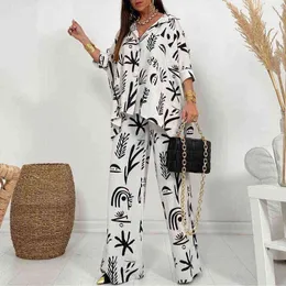 Kvinnors tvådelade byxor 2022 Autumn Women Two-Piece Set Fashion Printed Button-Up Loose Blouse and Straight Pants Suits Ladies Casual Streetwear Outfits T220902