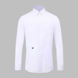 Men's Dress Shirts Little Bee Embroidered Men's Shirt Solid Color Long Sleeve European Station Business Casual Style Slim White