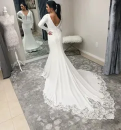 2022 Country Mermaid Wedding Dresses 신부 가운 섹시 V 목 롱 슬리브 레이스 아플리크 오픈 백 플러스 사이즈 멍청이 de noiva