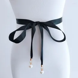 Belts Pearl Pendant Style Prom Dress Belt High Quality Double Sided Satin Sash Thin Bridal Gown Wedding Party Waistbands