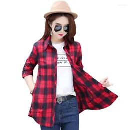 Women's Blouses 2022 Spring Autumn Tops Women's Plaid Shirts Loose Mid-Length Casual Flannel Female Top Long Sleeve Woman Blusas