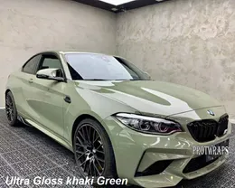 Premium Ultra Gloss Khaki Green Vinyl Wraps Sticker Whole Shiny Car Wrap Covering Film With Air Release Initial Low Tack Glue Self Adhesive Foil 1.52x20m 5X65ft