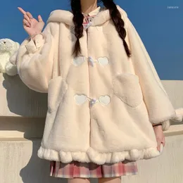 Women's Fur Japanese Kawaii Girl Jk Faux Teddy Coat Cute Bear Ears Lolita Jacket Women Winter Thickened Lantern Sleeve Female Plush