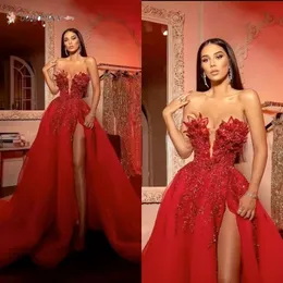 Rojo árabe Aso Ebi Encaje Elegante Lujoso Vestidos de baile Con cuentas Cristales Noche sexy Fiesta formal Segunda recepción Vestidos Vestido