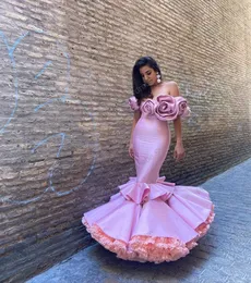Sweet Pale Pink Mermaid Spanish Style Prom Dresses Ruffled Pleated Tulle Rose Shoulder Flamenco Dancing Evening Clown