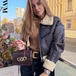 Women's Leather Faux Leather BBWM woman's Fashion Thick Warm Faux Shearling Jacket Coat Vintage Long Sleeve Belt Hem Female Outerwear Chic Tops 220906