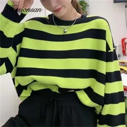 Maglioni da donna Hirsionsan Elegante manica lunga Oneck Maglione lavorato a maglia Donna Cropped Stripe Harajuku Pullover Maglione Donna Retro Basic Top 220906