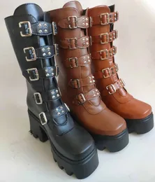 Autumn Winter Women High-Heeled Martin Boots High-Top Motorcycle Boot Bakre blixtlås Bältesspänne Velvet Plus Size 36-43