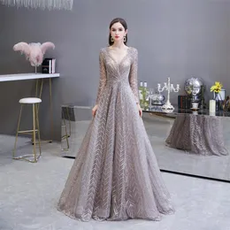 A-Line Party Dresses Beaded Party Party Lace Fabric Dresses V-Deace Women Long Sleeve Evening Gown YS69448