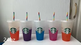 2022 Starbucks 24oz/710ml Plastik Kupalar Tumbler Yeniden Kullanılabilir Açık İçme Düz Alt Sütun Şekli Kapak Saman Kupaları Fabrika Doğrudan Satış Agg için Yeni Sıcak Ürün