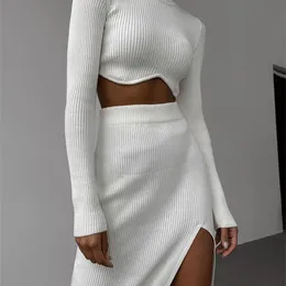 Платье с двумя частями Jacuqeline Elegant Sexy Women Женщины вязаный костюм Turtleneck Top Top и высокая талия для вечеринки по вечеринкам осень зима 220906