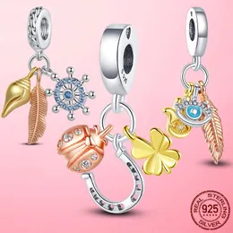 Perline con ciondoli in argento 925 pendenti con trifoglio a ferro di cavallo con perline a mano di Hamsa, adatte per braccialetti Pandora, accessori per gioielli fai da te