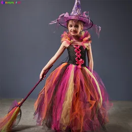 Девушка платья злая ведьма костюм Хэллоуин для девочек цвето волшебное платье папе с шляпой и метлой детской карнавальная вечеринка карнавальные платья 220905
