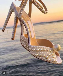 London Luxury Sacora Women Sandals Shoes White Pearls Leather Elegant Brand Lady High Heels Bridal Shoes Wedding Party Bridals Sexy Walking EU35-43