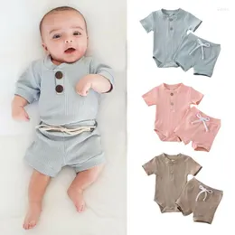 Giyim Setleri 2 ADET Doğan Çocuk Erkek Bebek Kız Giysileri Set Örgü Kısa Kollu Bodysuit Şort Kıyafetler Yaz