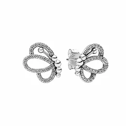 Sparkling Openwork Butterfly Searring Женщины девочки настоящий серебряный серебряный серебряный подарки, украшения, оригинальный набор для сережков Pandora CZ Diamond Setrings