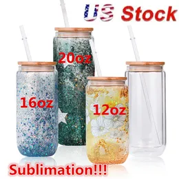US Stock 12 oz / 16 oz Vasos de vidrio de sublimación de doble pared Tazas Can Snow Globe Beer Frosted Vasos para beber con tapa de bambú y pajita reutilizable