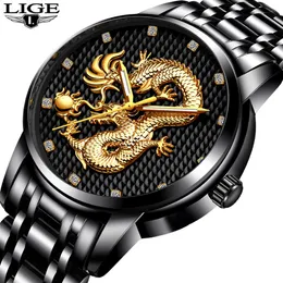 Men Watches Top Brand LIGE Luxury Gold Dragon Sculpture Quartz Watch Men Full Steel Waterproof Wristwatch relogio masculino D18100344H