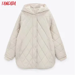 Piumino da donna Tangada Donna Beige Oversize Cappuccio lungo Parka Autunno Inverno Manica lunga Bottoni Tasche Cappotto caldo femminile 6W02 220906