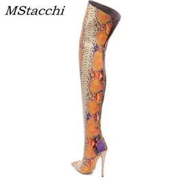 Boots Mstacchi Plus Size 34-45 Kvinnors över-knä Sexig spetsig tå Snakeskin High Heels Party Ladeis Shoes Botas Mujer 220906
