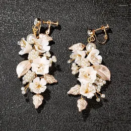 Dangle Earrings Gold Color Leaf Ceramic Flower Pearl Rhinestone Bridal Romantic Wedding Women Travel Dance Party Wear