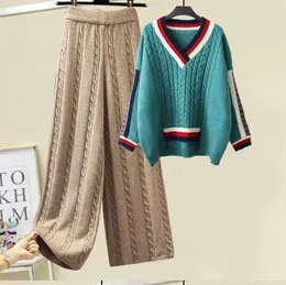 Kadınların Trailtsits V-yakalı şerit kazak 2 adet set lüks tasarımcı örgü kazak kıyafetleri katı örgü ayak bileği uzunluğunda pantolon